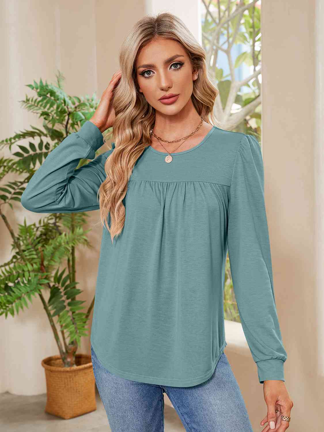 Ruched Round Neck Long Sleeve Blouse