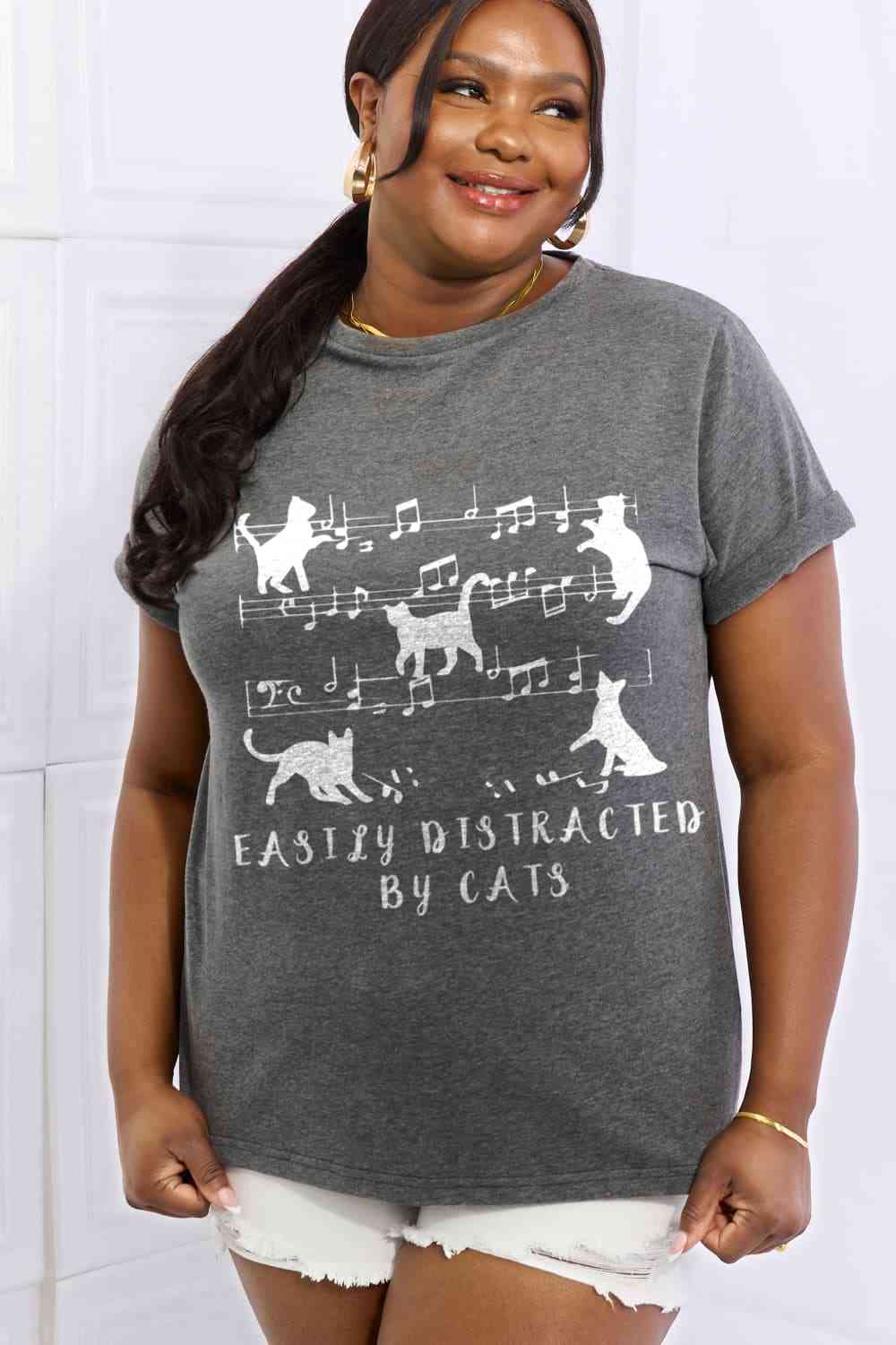 Simply Love Full Size EASILY DISTRACTED BY CATS Graphic Cotton Tee