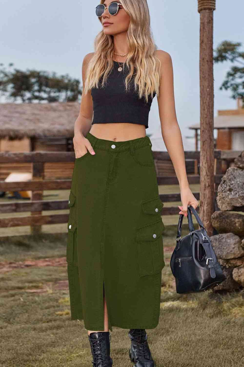 Slit Front Midi Denim Skirt with Pockets