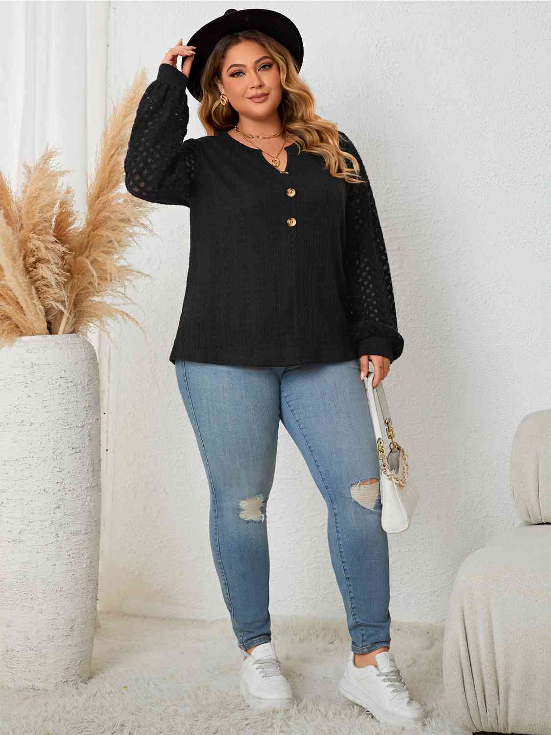 Plus Size Openwork Notched Button Front Blouse