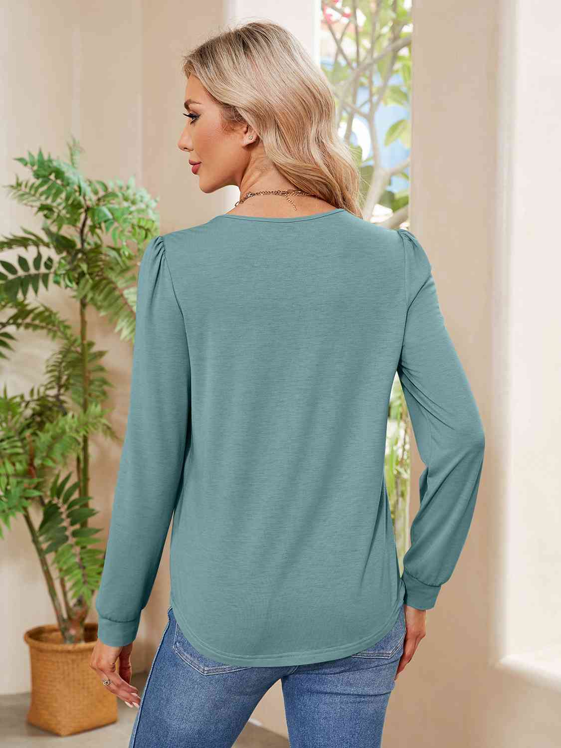 Ruched Round Neck Long Sleeve Blouse