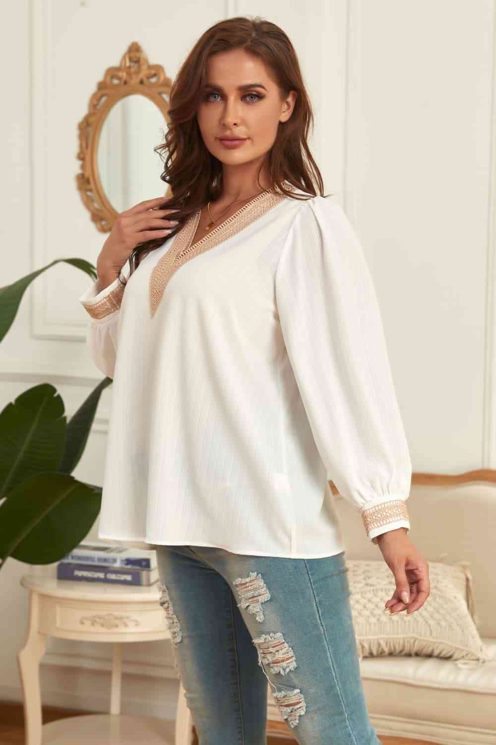 Melo Apparel Plus Size V-Neck Puff Sleeve Blouse