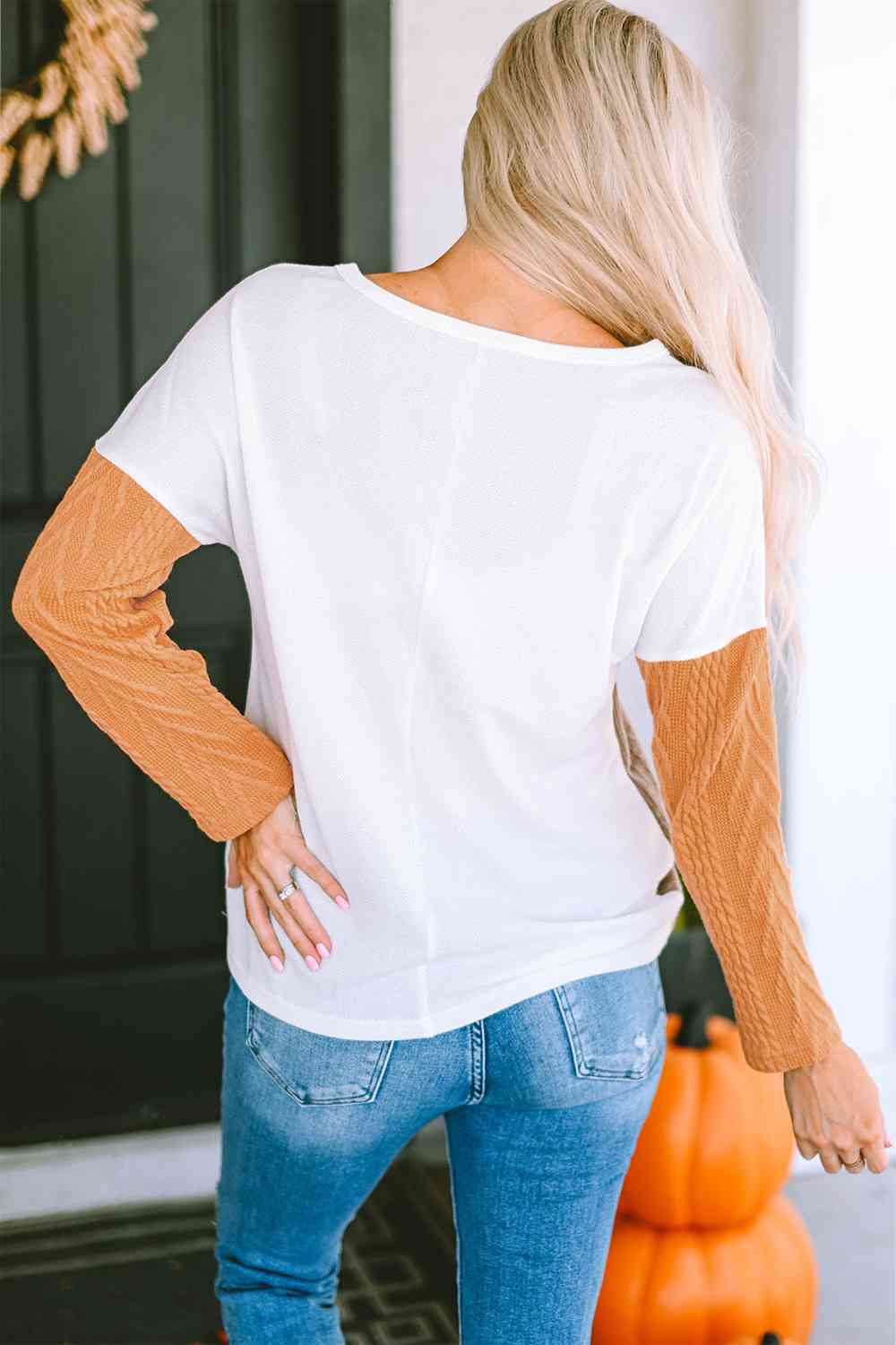 Full Size Color Block Cable-Knit Tops