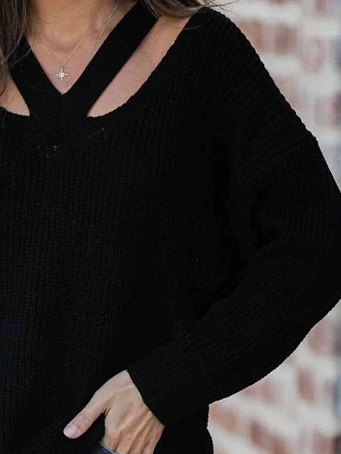 Full Size Cutout V-Neck Rib-Knit Sweater