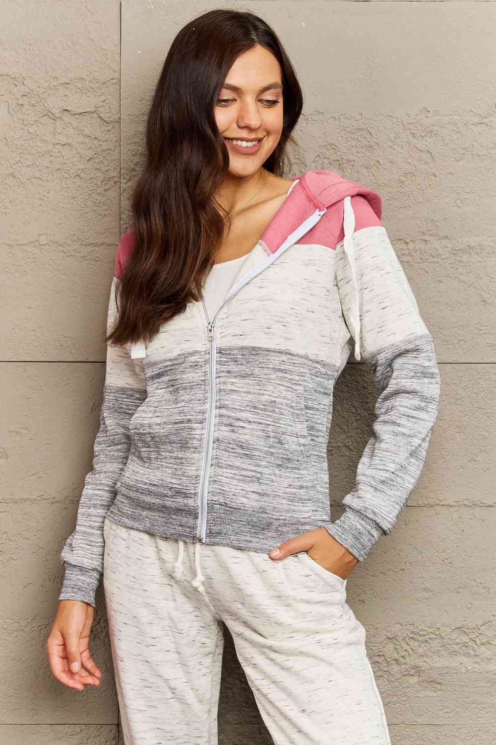 Ninexis Full Size Color Block Zip-Up Hooded Jacket