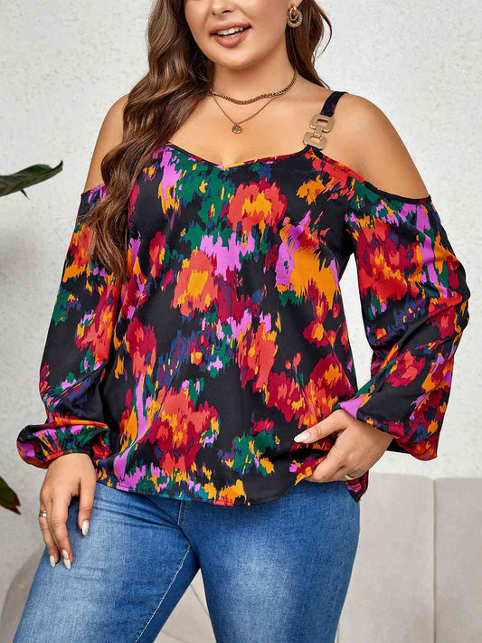 Plus Size Printed Cold Shoulder Long Sleeve Blouse
