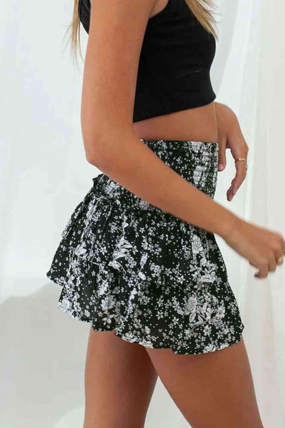 Printed Frill Trim Smocked Mini Skirt