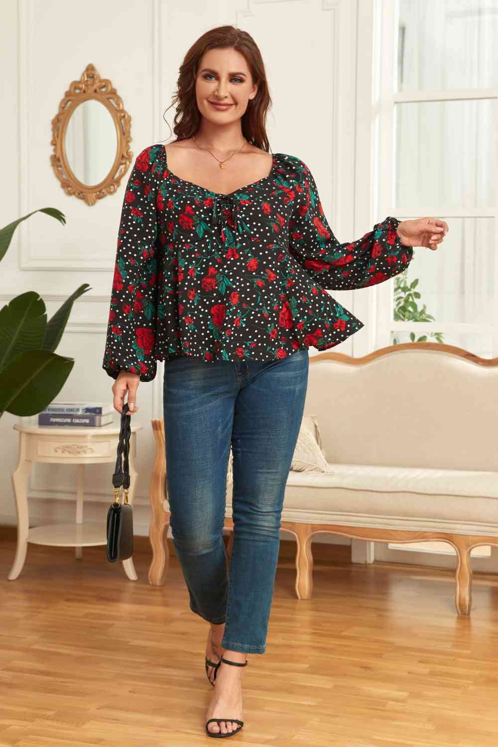Melo Apparel Plus Size Floral Balloon Sleeve Blouse