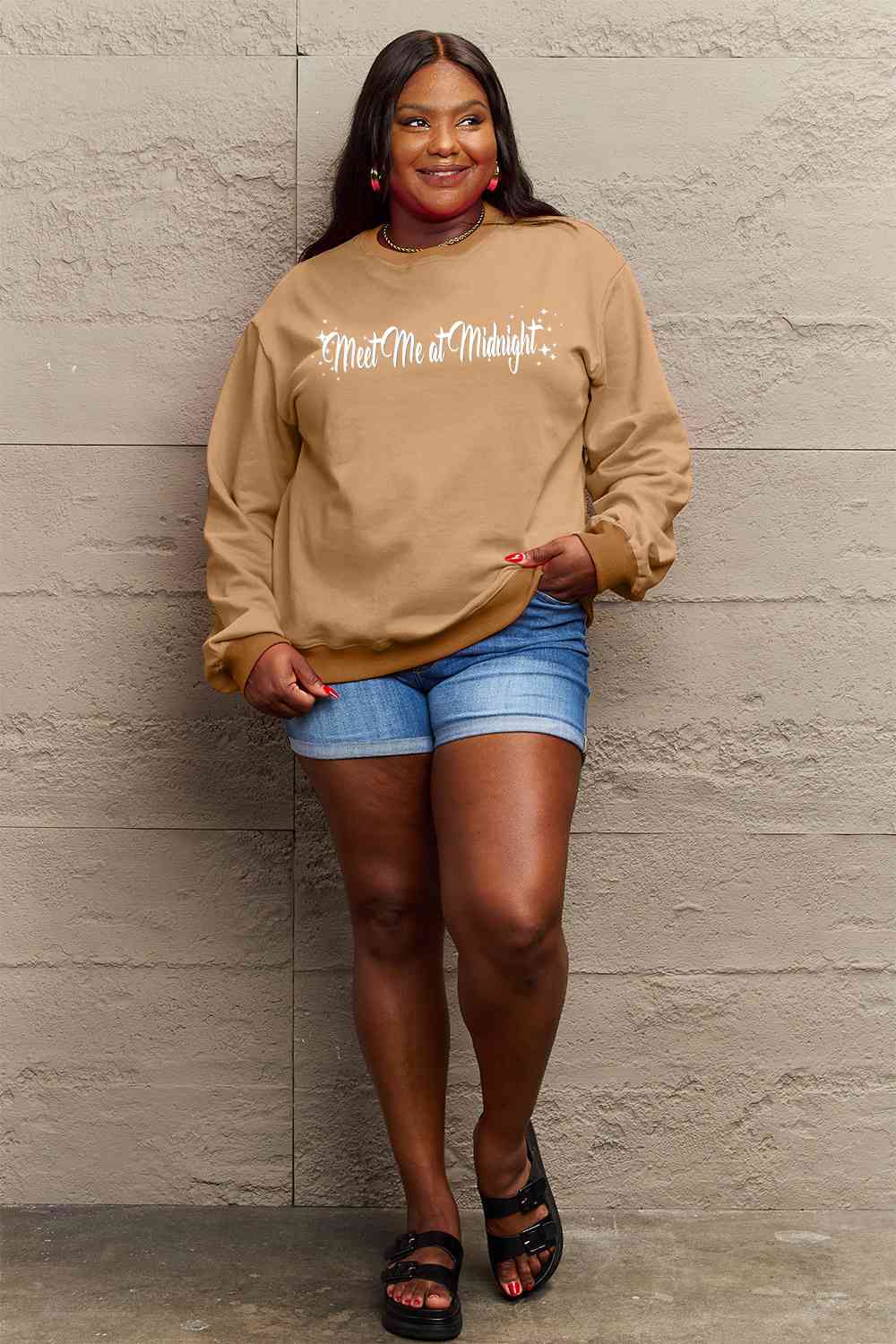 Simply Love Full Size MEET ME AT MIDNIGHT Graphic Round Neck Sweatshirt