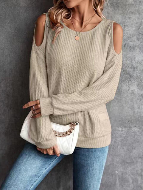 Round Neck Cold-Shoulder Waffle-Knit Top